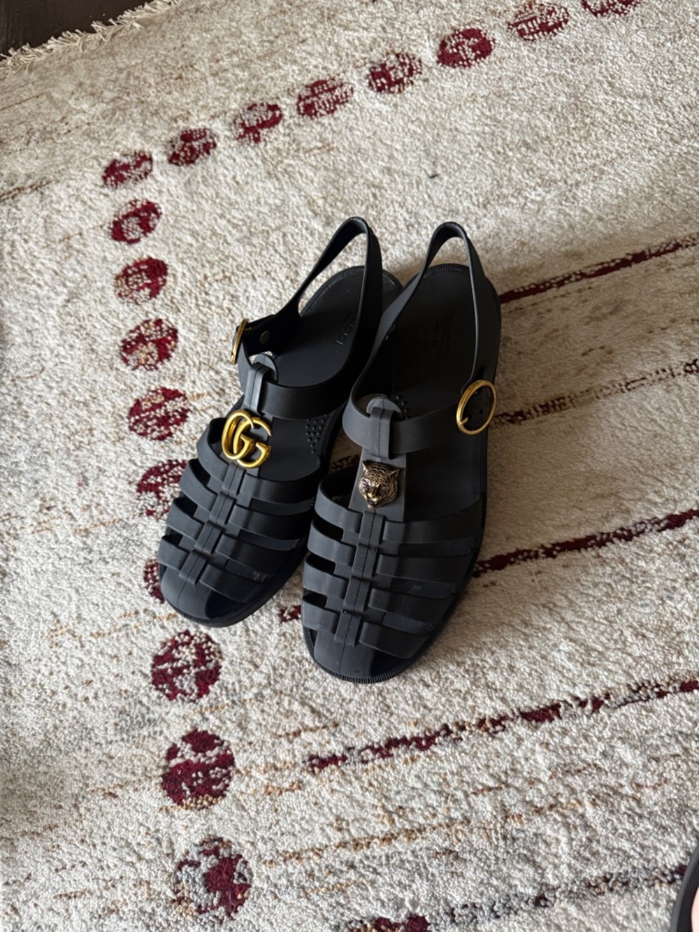 Gucci Black Jelly Fisherman Sandals with Gold GG and Buckle - Picture 2 of 5